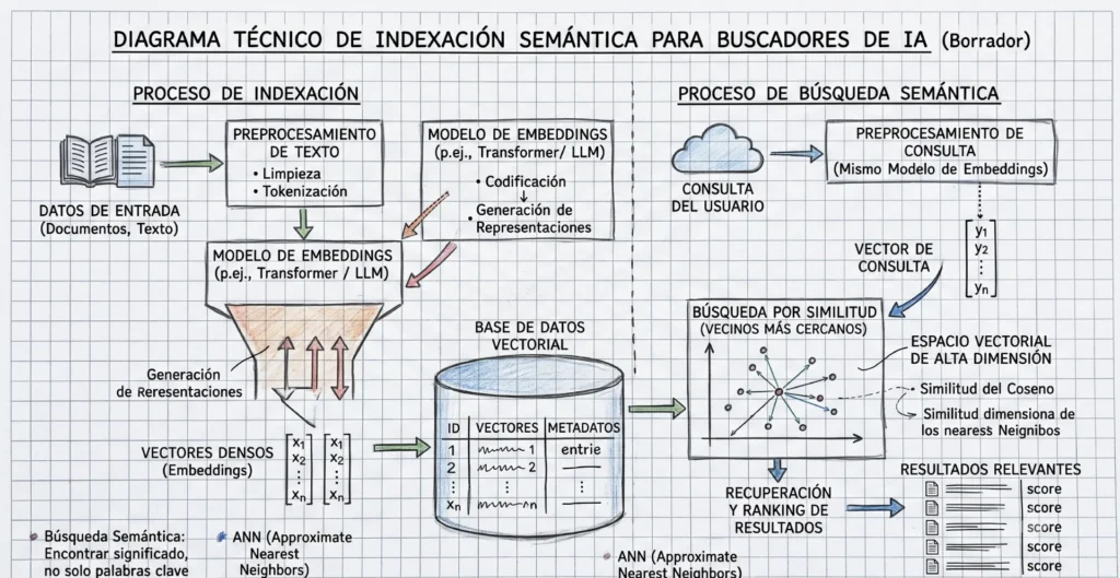 Diagrama técnico de indexación semántica para buscadores de inteligencia artificial