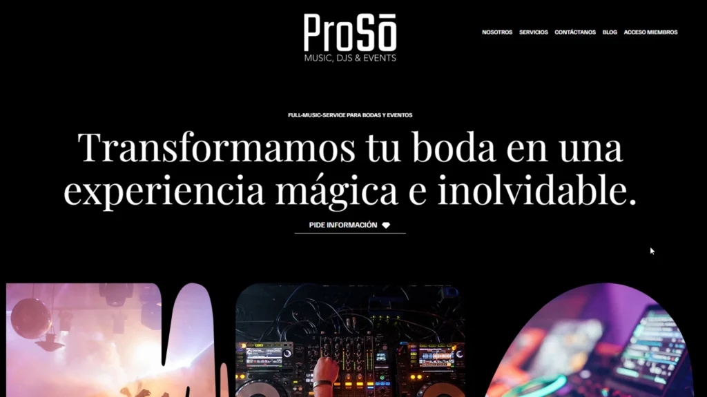 Arquitectura y migración de Wix a WordPress para sector eventos - Interfaz del sitio web de Proso