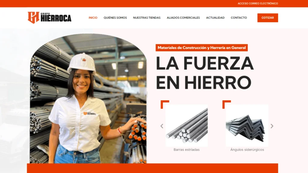 Interfaz del proyecto de desarrollo web corporativo en WordPress para el distribuidor de materiales siderúrgicos Grupo Hierroca.
